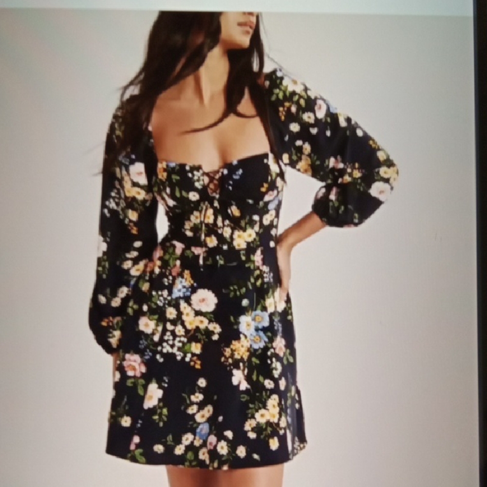 Abercrombie & Fitch Navy Floral Mini Dress Milkmaid Spring Flirty Womens XS